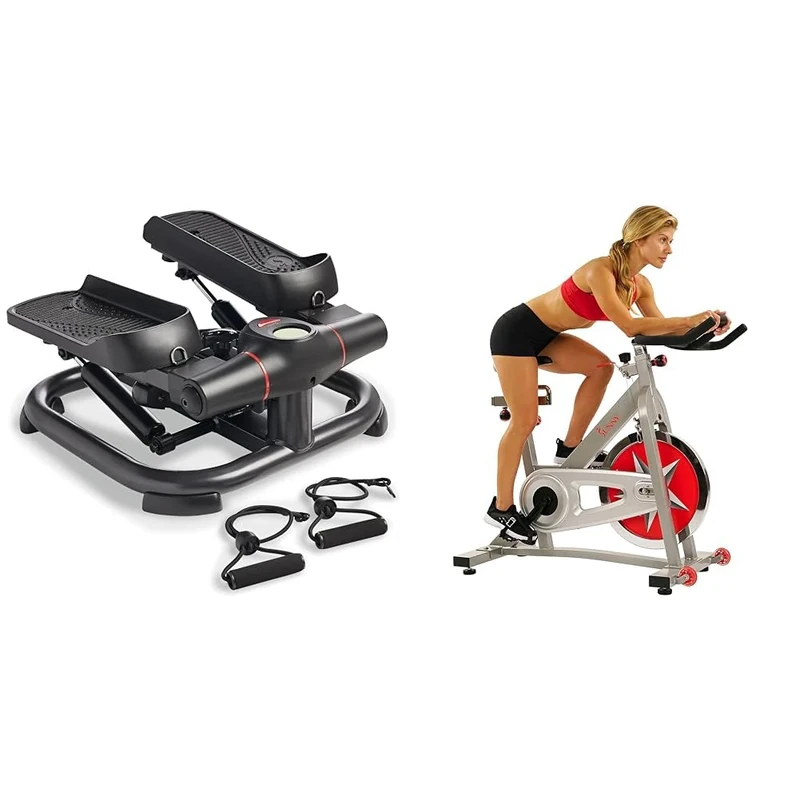 Sunny Health & Fitness 2-in-1 Premium Power Stepper with Resistance Bands + Indoor Studio Cycle Pro Exercise Bike with 18 KG Flywheel and Chain Drive