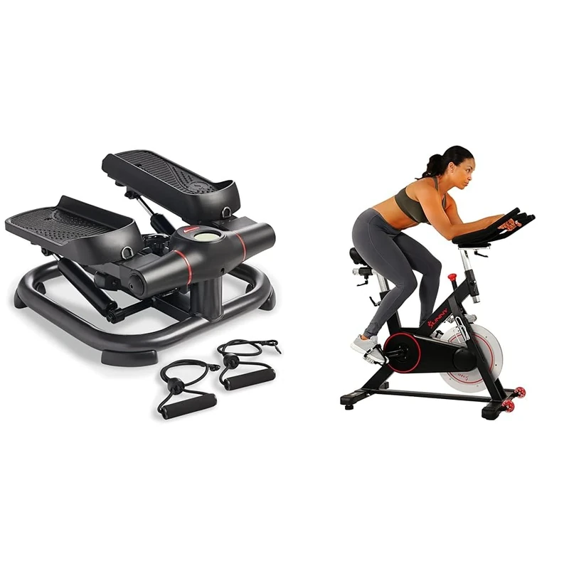Sunny Health & Fitness 2-in-1 Premium Power Stepper with Resistance Bands + Indoor Cycling Wheel with Magnetic Belt Drive, 136kg Max Weight, Adjustable Saddle & Handlebar