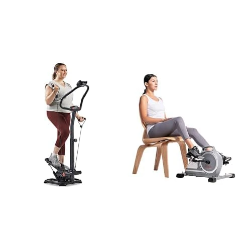 Sunny Health & Fitness Smart 2-in-1 Power Stepper with Resistant Bands & Handlebar + Magnetic Under Desk Mini Exercise Cycle Bike, with Digital Monitor and Carrying Handle