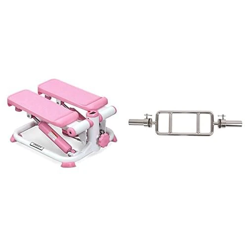 Sunny Health & Fitness Exercise Stepping Machine, Portable Mini Stair Stepper for Home or Office Workouts + Olympic Triceps Bar with Ring Collars, Olympic Weight for Weightlifting and Bodybuilding
