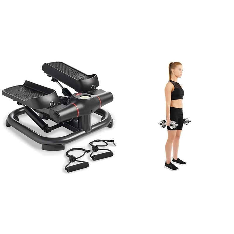 Sunny Health & Fitness 2-in-1 Premium Power Stepper with Resistance Bands + Adjustable 15 KG Dumbbell Set w/Carry Case, Space Saver, Secure Quick-Lock, Anti-Slip Steel Handle