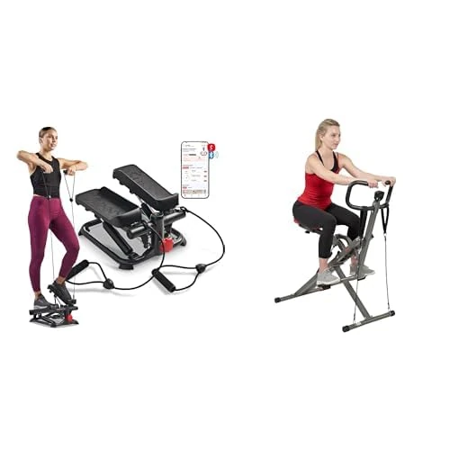 Sunny Health and Fitness Total Body Smart 2-in-1 Stepper Machine w/Resistance Bands + Row-N-Ride™ PRO Squat Assist Trainer, Rowing Machine for Glute Workout