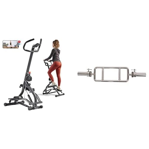 Sunny Health & Fitness Stair Stepper w/Handlebar, Extended Step Range Machine + Olympic Triceps Bar with Ring Collars, Olympic Weight for Weightlifting and Bodybuilding