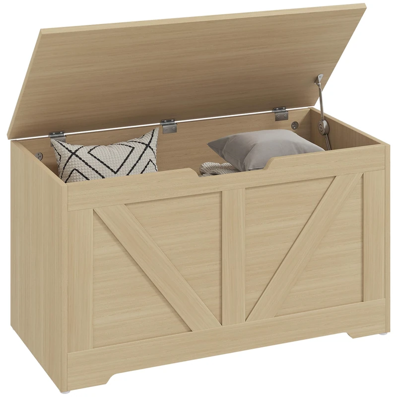 HOMCOM 100L Storage Chest, Storage Trunk with 2 Safety Hinges and U-shaped Cut-out Pull, Organiser Box for Living Room, Entryway, 80 x 40 x 45 cm, Natural Wood Finish