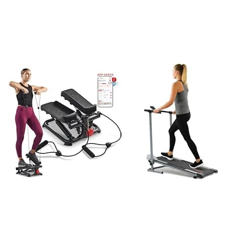 Sunny Health and Fitness Total Body Smart 2-in-1 Stepper Machine w/Resistance Bands + Foldable Manual Treadmill, Durable Non-Electric Incline Exercise