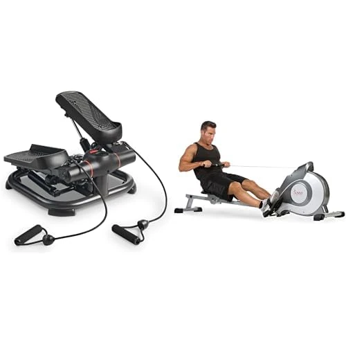 Sunny Health & Fitness 2-in-1 Premium Power Stepper with Resistance Bands + Magnetic Rowing Machine, with LCD Monitor and Extra Long Slide Rail, 8 Level Resistance