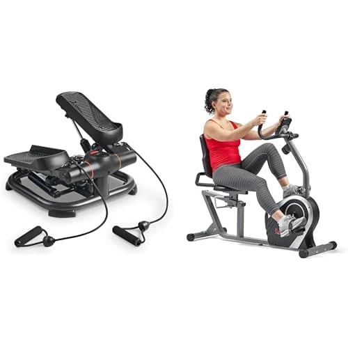 Sunny Health & Fitness 2-in-1 Premium Power Stepper with Resistance Bands + Magnetic Recumbent Bike, Stationary with LCD Monitor and Pulse Monitor, Cardio home Workout