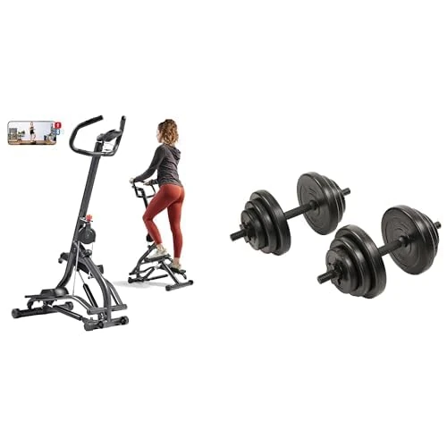 Sunny Health & Fitness Stair Stepper w/Handlebar, Extended Step Range Machine + Exercise Vinyl 18 KG Dumbbell Set Hand Weights for Strength Training - NO.087