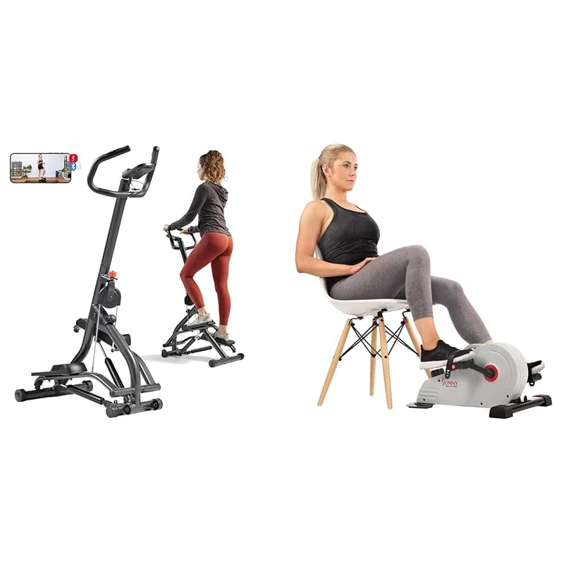 Sunny Health & Fitness Stair Stepper w/Handlebar, Extended Step Range Machine + Magnetic Under Desk Pedal Exerciser, Dual Function Mini Exercise Cycle Bike