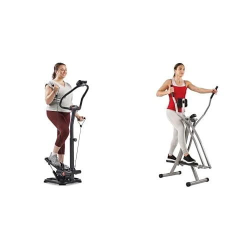 Sunny Health & Fitness Smart 2-in-1 Power Stepper with Resistant Bands & Handlebar + Elliptical Cross Trainer w/LCD Monitor, Air Walker Exercise Machines