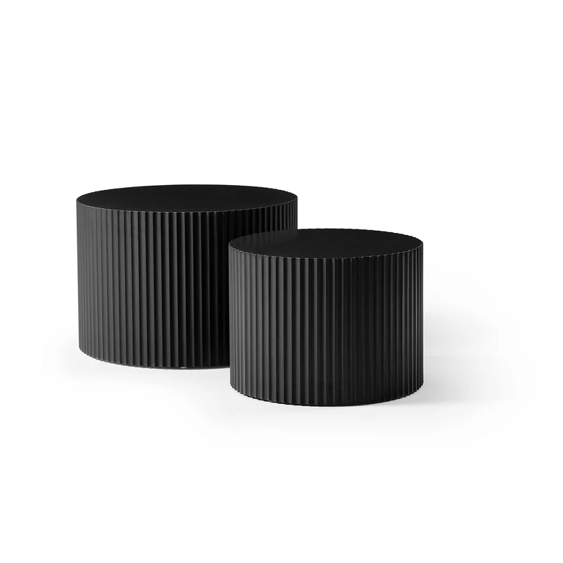 NJLyuhome Glossy Black Nesting Drum Tables Set of 2, Wavy Edge Side Tables for Living Room, Modern Nightstands