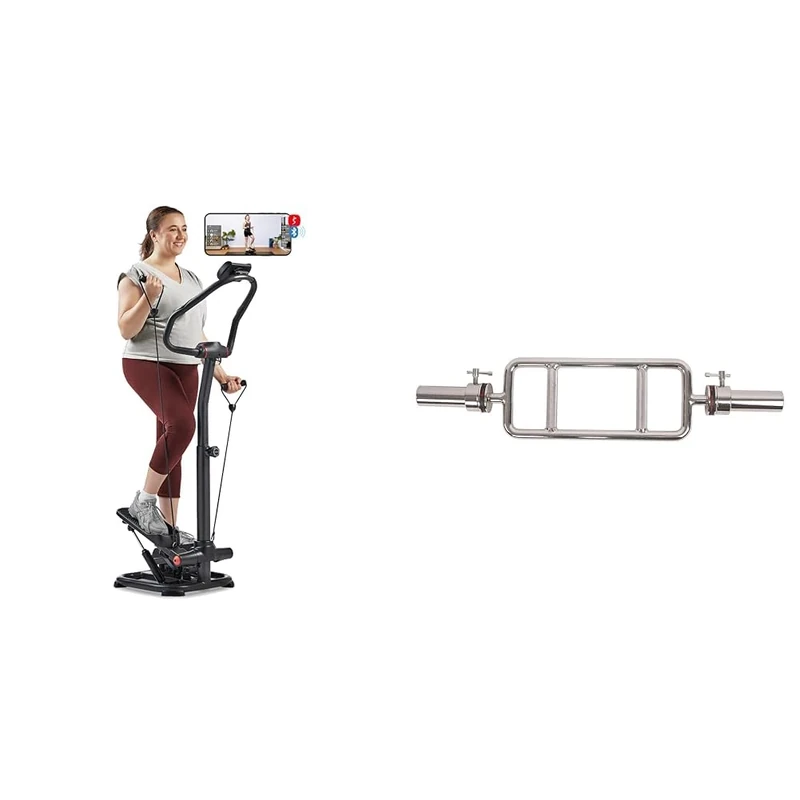 Sunny Health & Fitness Smart 2-in-1 Power Stepper with Resistant Bands & Handlebar + Olympic Triceps Bar with Ring Collars, Olympic Weight for Weightlifting and Bodybuilding