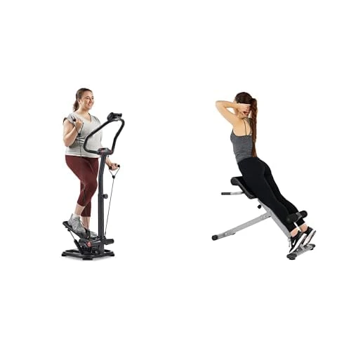 Sunny Health & Fitness Smart 2-in-1 Power Stepper with Resistant Bands & Handlebar + Sunny Health and Fitness 45 Degree Hyperextension Roman Chair, Steel, Grey, One Size