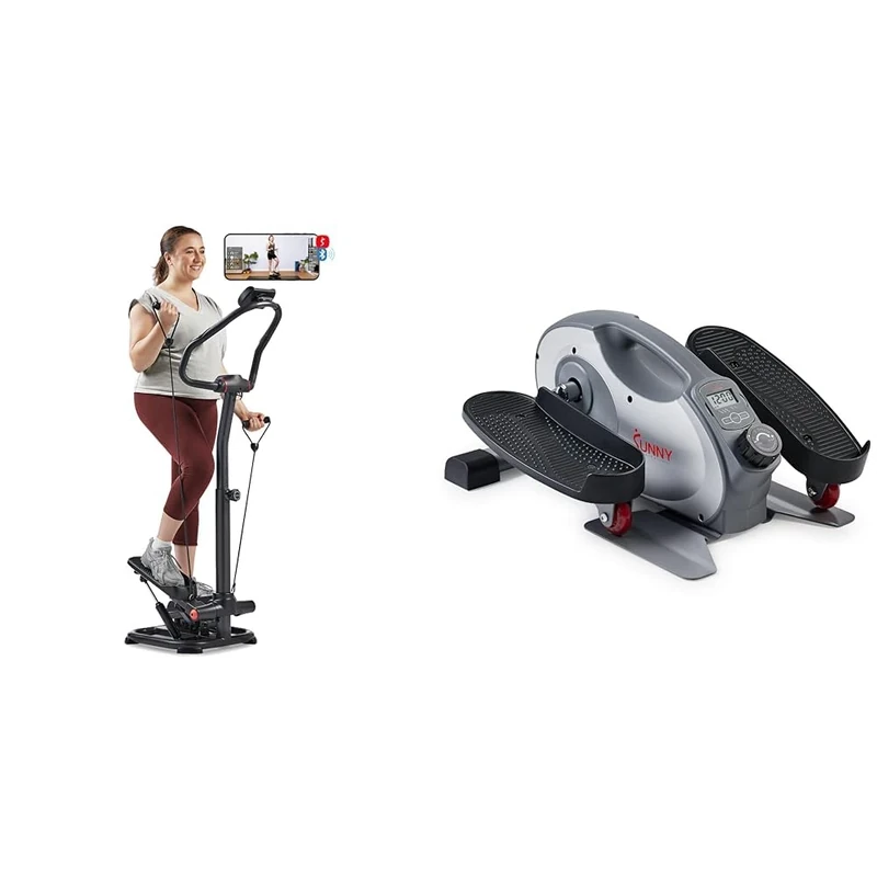 Sunny Health & Fitness Smart 2-in-1 Power Stepper with Resistant Bands & Handlebar + Smart Portable Fully Assembled Magnetic Under Desk Elliptical Peddler
