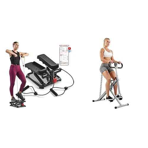 Sunny Health and Fitness Total Body Smart 2-in-1 Stepper Machine w/Resistance Bands + Upright Row-N-Ride Rowing Machine, Horse Riding Machine for Home Gym Use