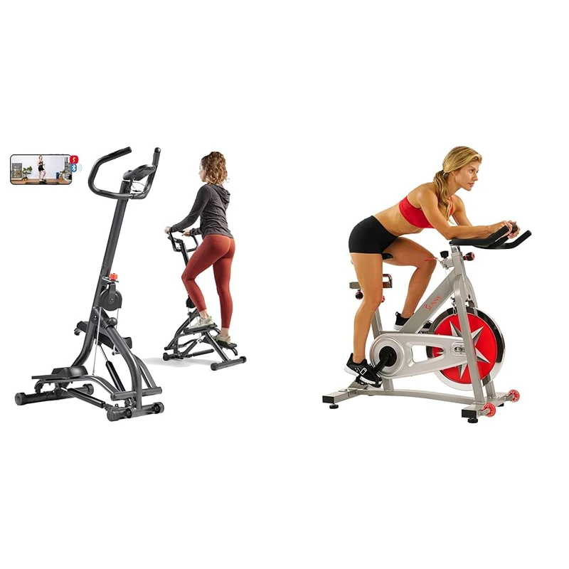 Sunny Health & Fitness Stair Stepper w/Handlebar, Extended Step Range Machine + Indoor Studio Cycle Pro Exercise Bike with 18 KG Flywheel and Chain Drive