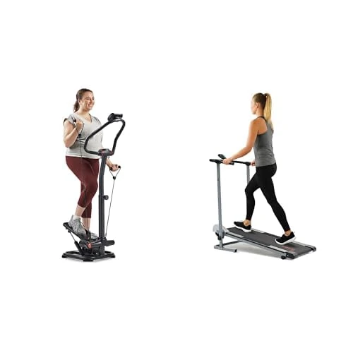 Sunny Health & Fitness Smart 2-in-1 Power Stepper with Resistant Bands & Handlebar + Foldable Manual Treadmill, Durable Non-Electric Incline Exercise