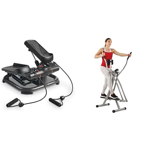 Sunny Health & Fitness 2-in-1 Premium Power Stepper with Resistance Bands + Elliptical Cross Trainer w/LCD Monitor, Air Walker Exercise Machines