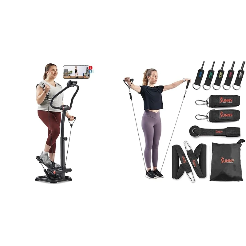 Sunny Health & Fitness Smart 2-in-1 Power Stepper with Resistant Bands & Handlebar + Premium Resistance Band Set With Door Anchors, Wrist Straps, Handles & Stretch Band
