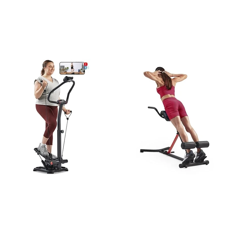 Sunny Health & Fitness Smart 2-in-1 Power Stepper with Resistant Bands & Handlebar + Unisex's Station-SF-BH620062 Hyperextension Roman Chair with Dip Station