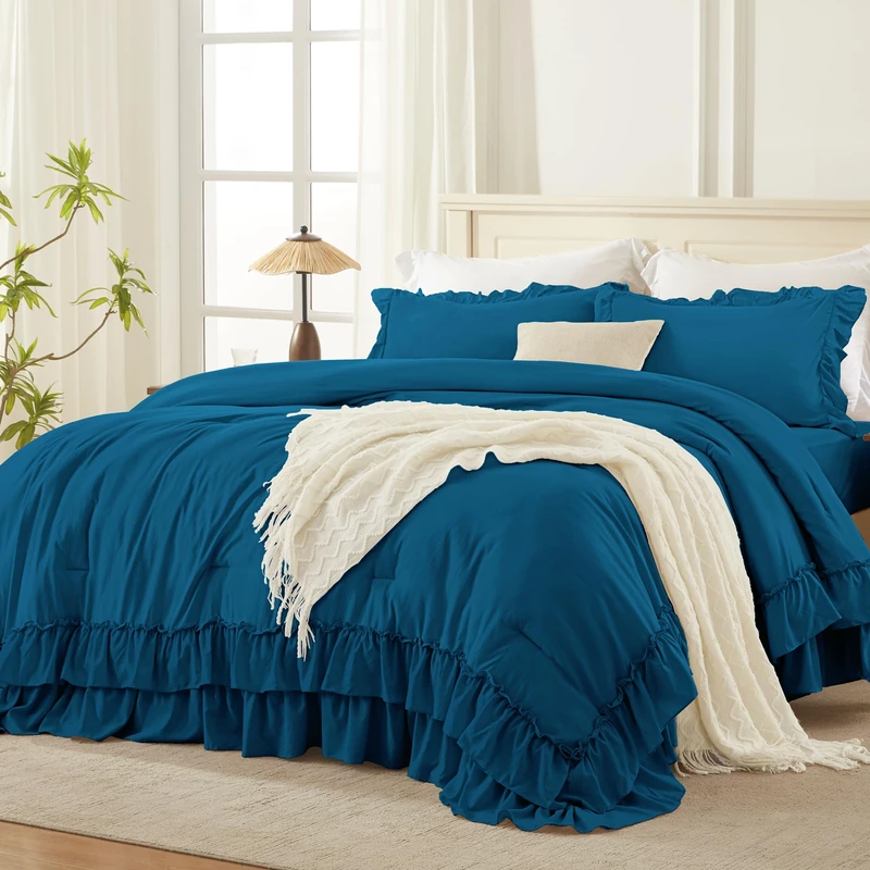 Andency Teal Ruffle Comforter Set Queen Size, 3 Pieces