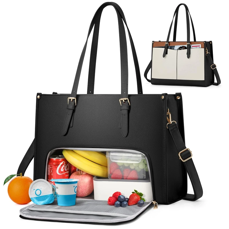 RAINSMORE Laptop Bags for Women with Insulated Leakproof Lunch Compartment 15.6 Inch Laptop Tote Work Bag PU Leather Ladies Handbag for Business Nurse Office Collage Casual