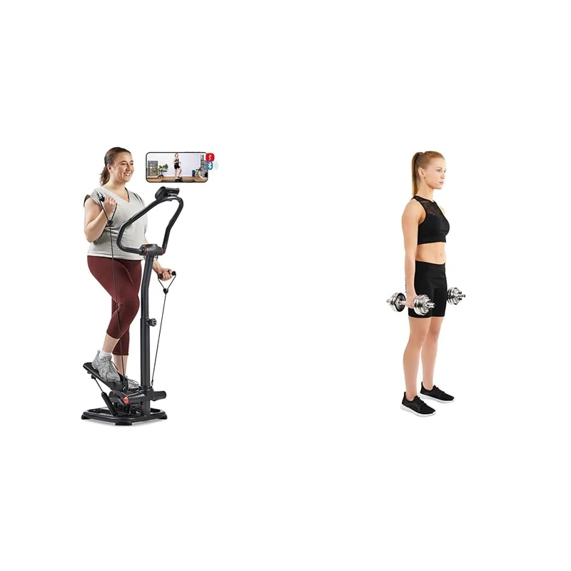 Sunny Health & Fitness Smart 2-in-1 Power Stepper with Resistant Bands & Handlebar + Adjustable 15 KG Dumbbell Set w/Carry Case, Space Saver, Secure Quick-Lock, Anti-Slip Steel Handle