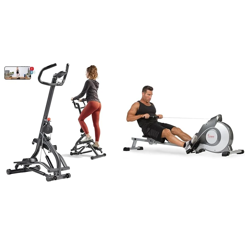 Sunny Health & Fitness Stair Stepper w/Handlebar, Extended Step Range Machine + Magnetic Rowing Machine, with LCD Monitor and Extra Long Slide Rail, 8 Level Resistance