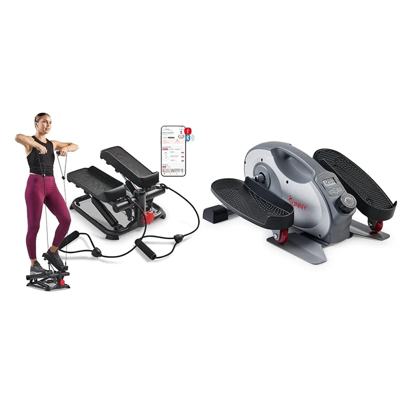 Sunny Health and Fitness Total Body Smart 2-in-1 Stepper Machine w/Resistance Bands + Smart Portable Fully Assembled Magnetic Under Desk Elliptical Peddler