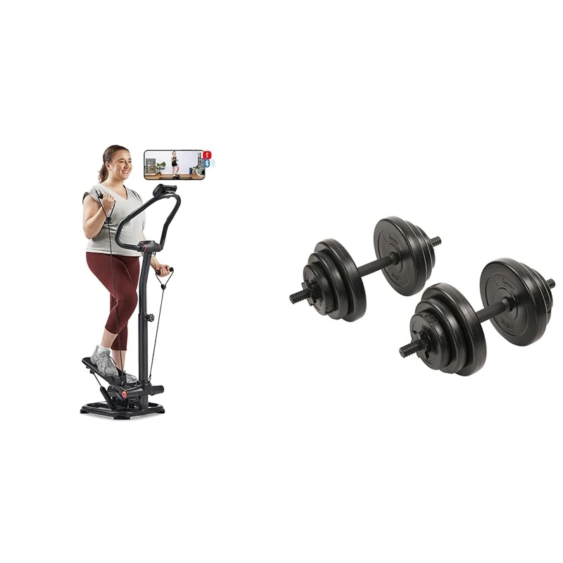 Sunny Health & Fitness Smart 2-in-1 Power Stepper with Resistant Bands & Handlebar + Exercise Vinyl 18 KG Dumbbell Set Hand Weights for Strength Training - NO.087