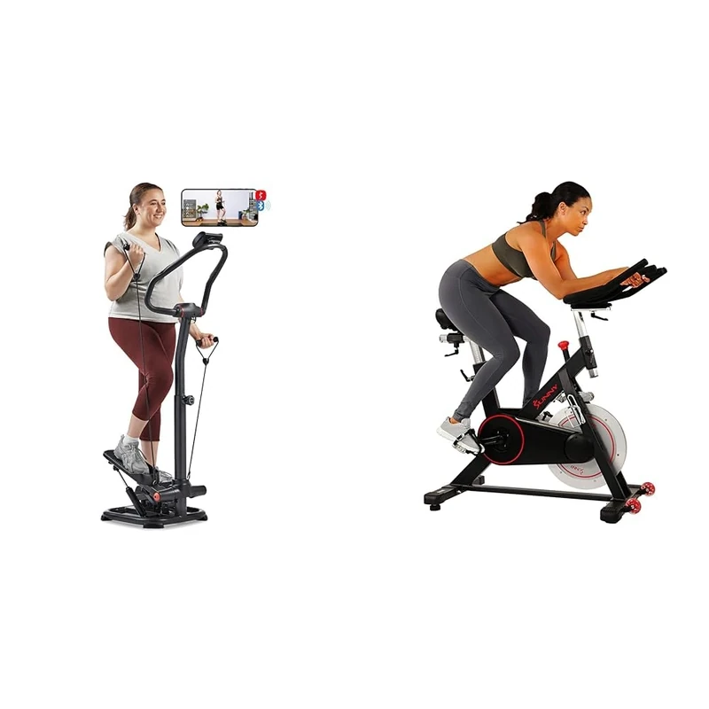 Sunny Health & Fitness Smart 2-in-1 Power Stepper with Resistant Bands & Handlebar + Indoor Cycling Wheel with Magnetic Belt Drive, 136kg Max Weight, Adjustable Saddle & Handlebar