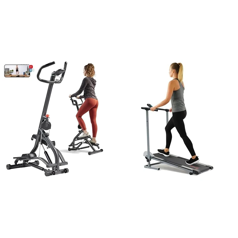 Sunny Health & Fitness Stair Stepper w/Handlebar, Extended Step Range Machine + Foldable Manual Treadmill, Durable Non-Electric Incline Exercise