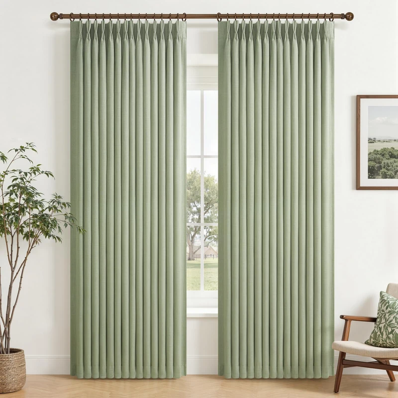 PleatedDrapes Memory Shape Pinch Pleated Blackout Curtains for Nursery 90 Inches Long, Linen Double Layer Light Green Noise Cancelling Insulated Modern Windows Drapes for Kids Room Back Tab 2 Panels