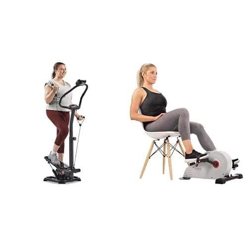 Sunny Health & Fitness Smart 2-in-1 Power Stepper with Resistant Bands & Handlebar + Magnetic Under Desk Pedal Exerciser, Dual Function Mini Exercise Cycle Bike