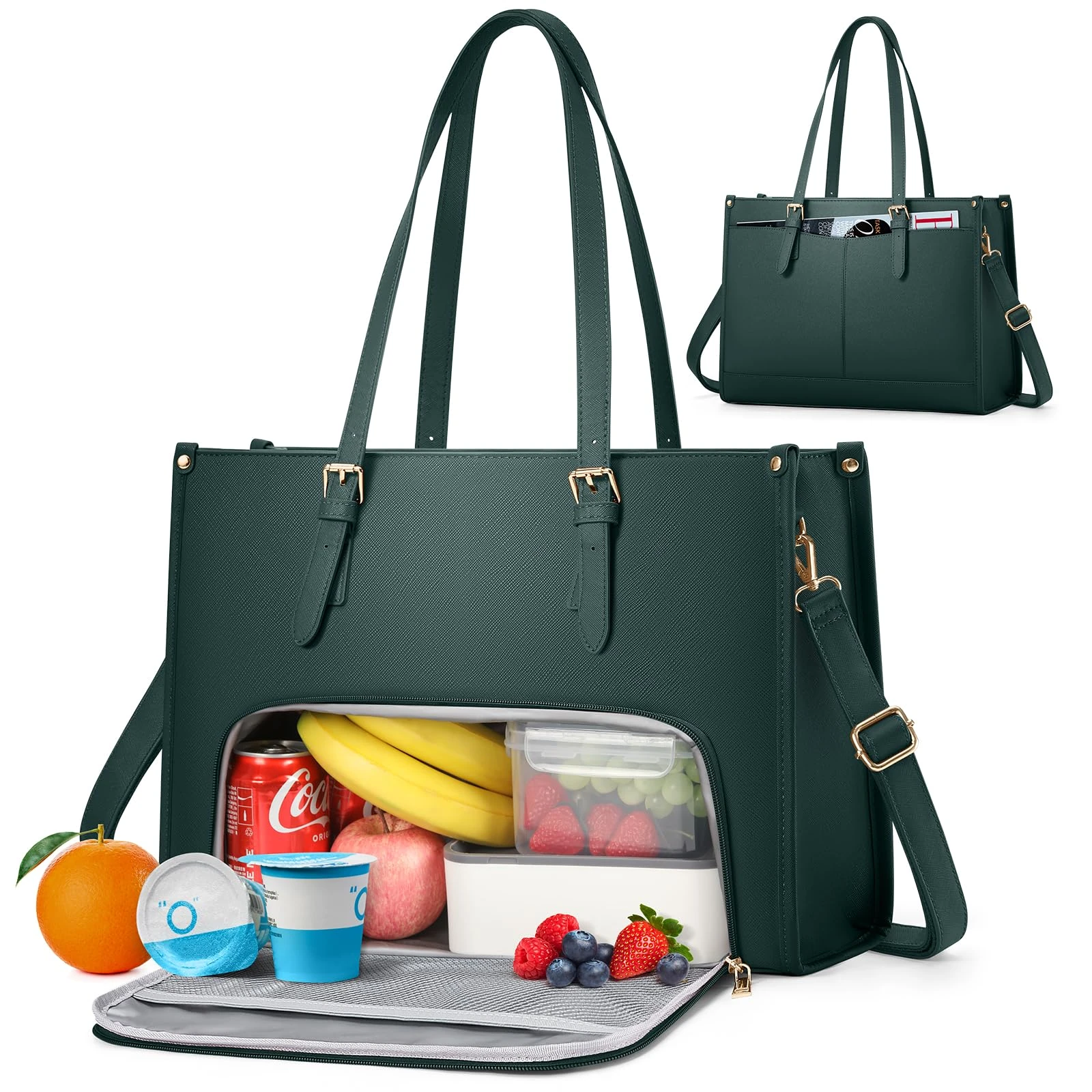 RAINSMORE Laptop Bags for Women with Insulated Leakproof Lunch Compartment 15.6 Inch Laptop Tote Work Bag PU Leather Ladies Handbag for Business Nurse Office Collage Casual