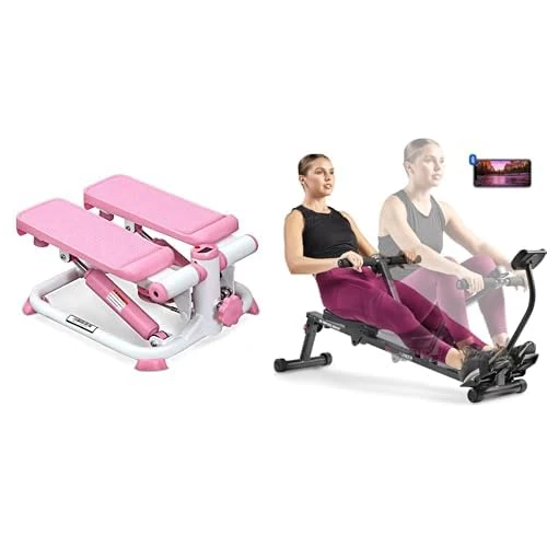 Sunny Health & Fitness Exercise Stepping Machine, Portable Mini Stair Stepper for Home or Office Workouts + Smart Compact Adjustable Rowing Machine, 12 Levels Adjustable Resistance