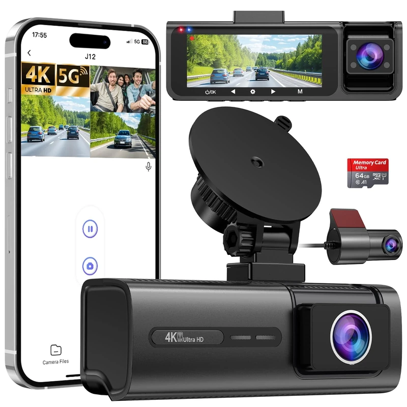 Vasip 4K Dash Cam Front and Rear Inside, 5GHz WiFi, 3 Channel Dash Cam for Cars, 3.16” IPS Dash Camera for Cars with 64GB SD Card, Night Vision, WDR, G-Sensor, Loop Recording, 24H Parking Mode