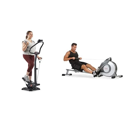 Sunny Health & Fitness Smart 2-in-1 Power Stepper with Resistant Bands & Handlebar + Magnetic Rowing Machine, with LCD Monitor and Extra Long Slide Rail, 8 Level Resistance