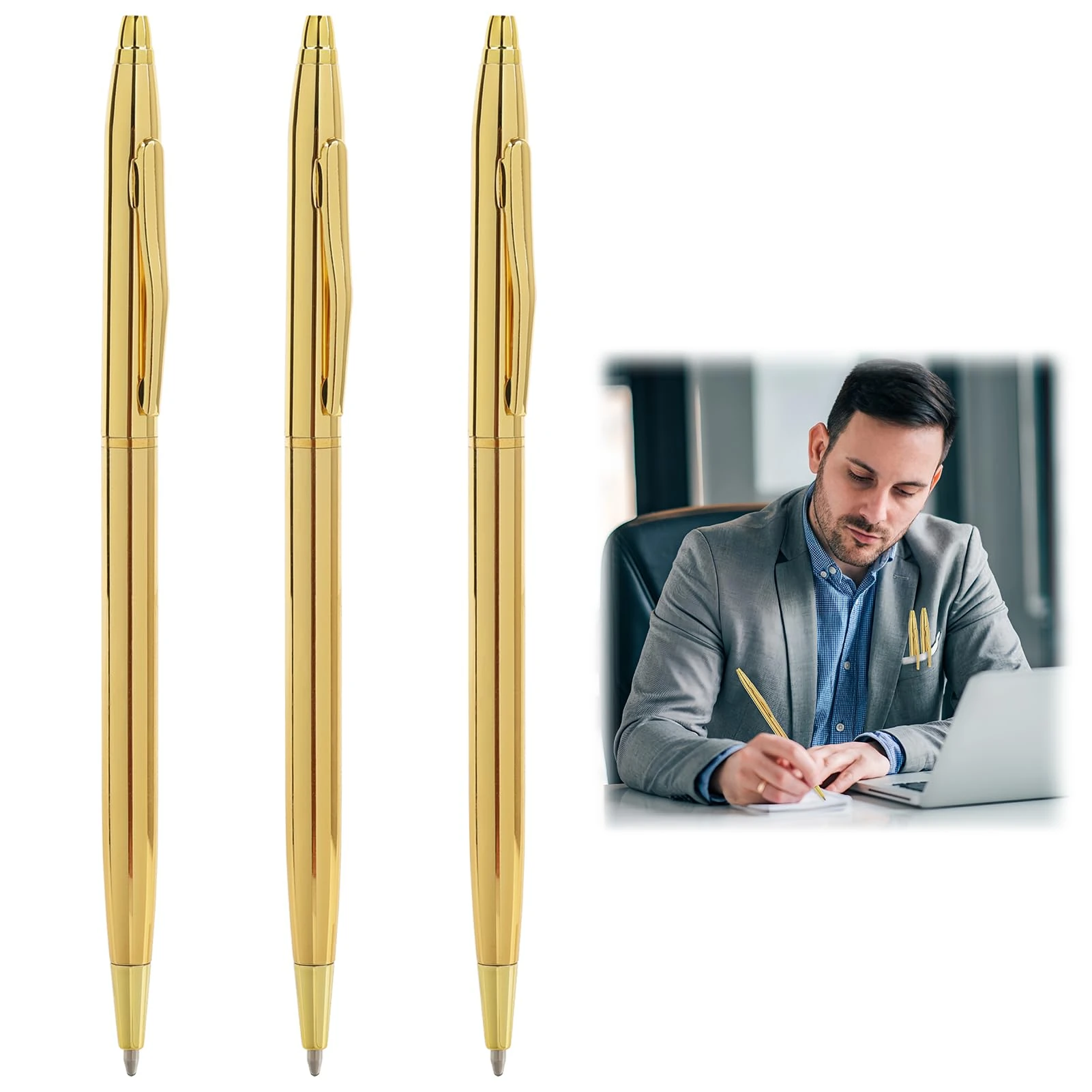 CeoxThao 3 PCS Stylish Ballpoint Pens, Metal Pen, Gold Pens, Ballpoint Pen, Slim Stainless Steel Metallic Retractable Pens with Black Ink, For Business, Office, Students and Teachers (Gold)
