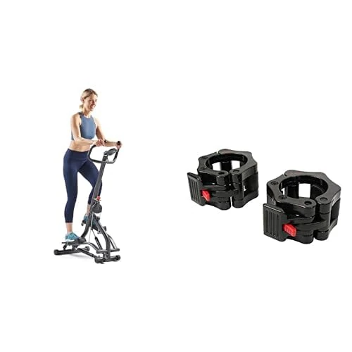 Sunny Health & Fitness Stair Stepper w/Handlebar, Extended Step Range Machine + Locking Collar Clamps with Quick Release for Olympic Barbells for Pro Training