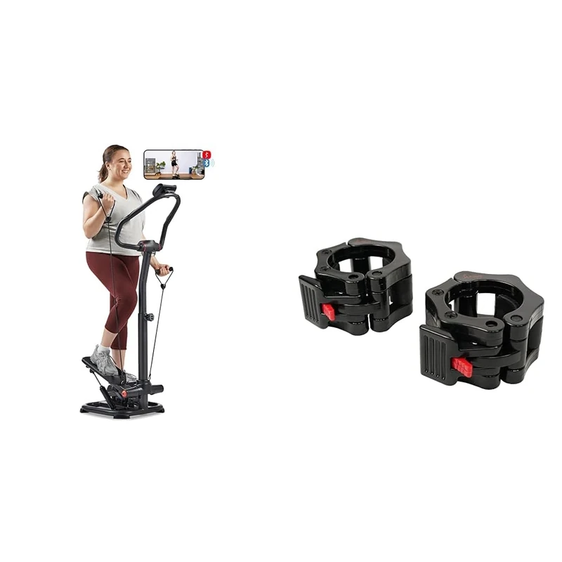Sunny Health & Fitness Smart 2-in-1 Power Stepper with Resistant Bands & Handlebar + Locking Collar Clamps with Quick Release for Olympic Barbells for Pro Training