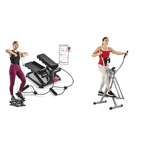 Sunny Health and Fitness Total Body Smart 2-in-1 Stepper Machine w/Resistance Bands + Elliptical Cross Trainer w/LCD Monitor, Air Walker Exercise Machines