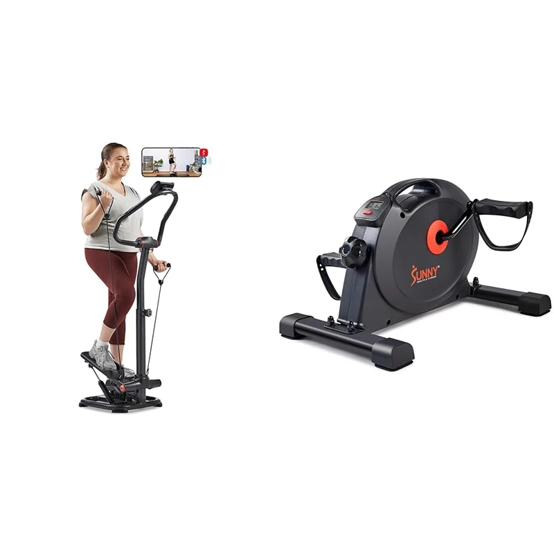 Sunny Health & Fitness Smart 2-in-1 Power Stepper with Resistant Bands & Handlebar + Under Desk Dual Function Smart Mini Pedal Exerciser Cycle Bikes with SunnyFit App