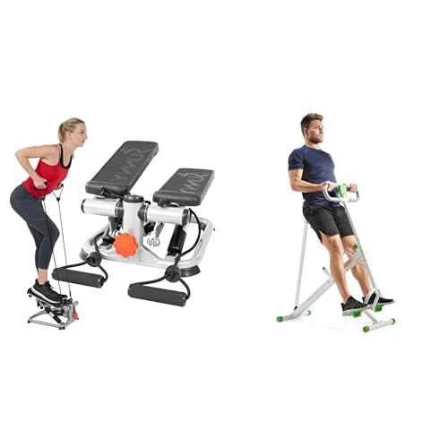Sunny Health & Fitness Advanced Mini Home Steppers with Resistance Bands - SF-S0978 + Row-N-Ride Assist Trainer for Body Cardio Workout with Adjustable Resistance, Upright