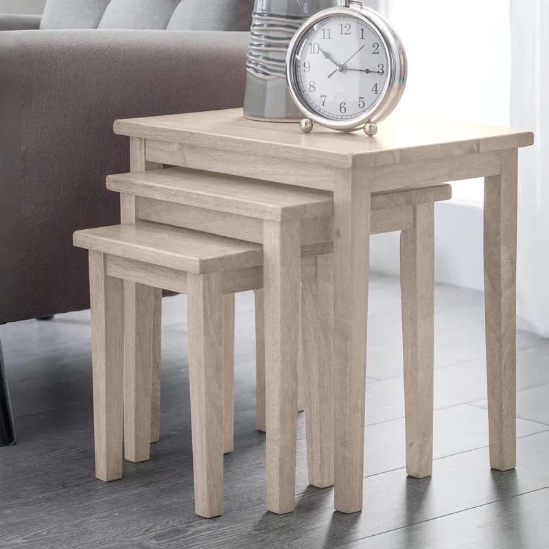 Julian Bowen Cleo Nest of Tables Set of 3, Nesting Oak Side Table for Living Room, Stacking End Table for Small Spaces, 46 x 48 x 33 cm - White Wash