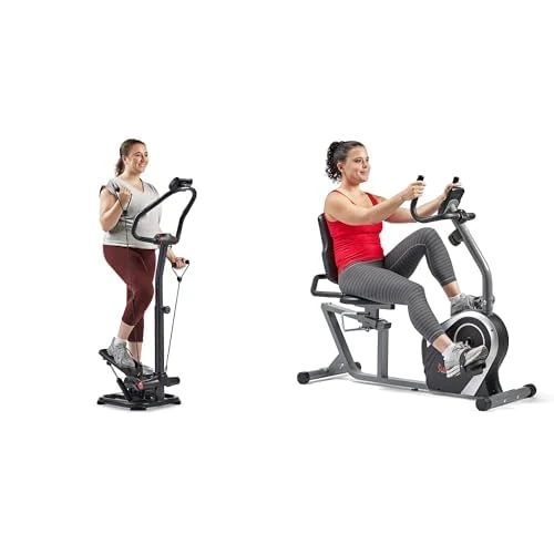 Sunny Health & Fitness Smart 2-in-1 Power Stepper with Resistant Bands & Handlebar + Magnetic Recumbent Bike, Stationary with LCD Monitor and Pulse Monitor, Cardio home Workout