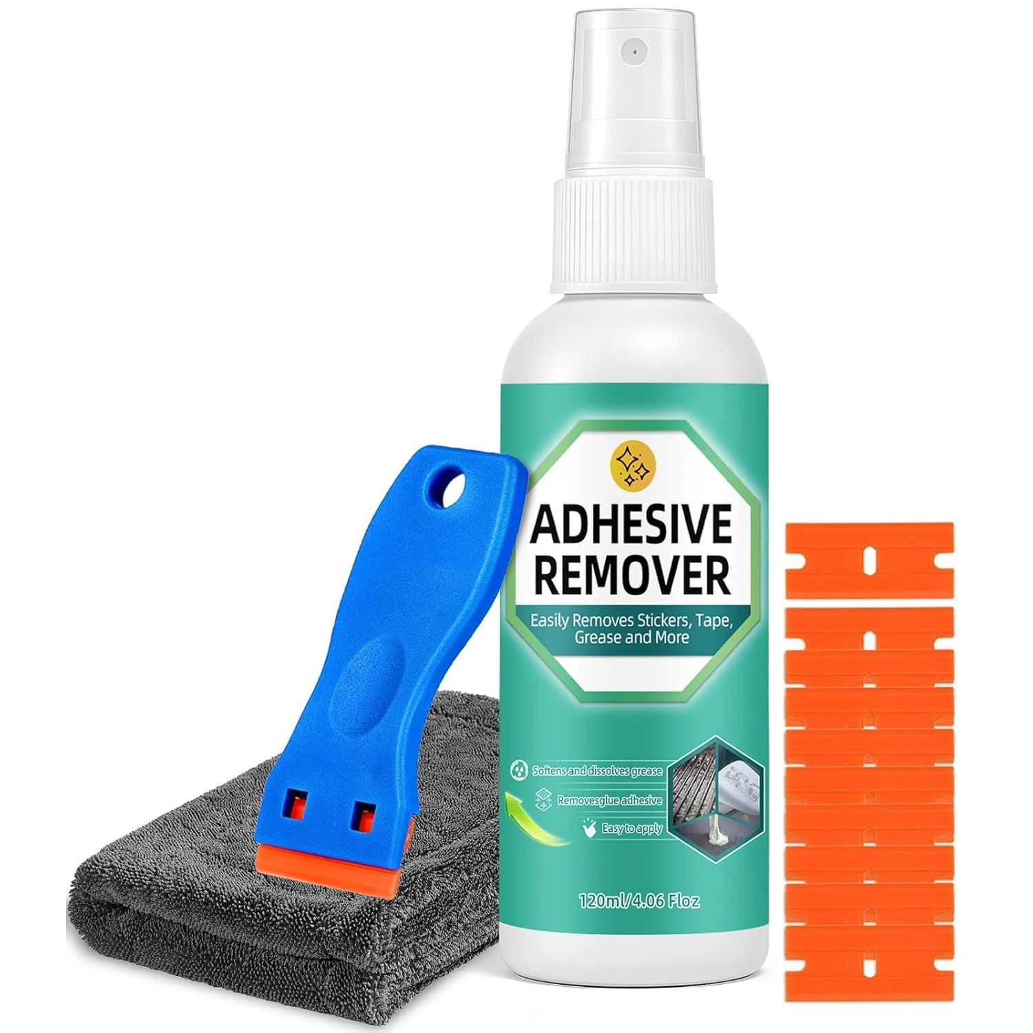 Sticky Stuff Remover Spray, Powerful Adhesive Remover with Scraper and Towel, Glue Remover Removes Sticker, Glue, Tape, Labels on Glass, Plastic, Carpet, Cars, Sticker Remover 120 ml