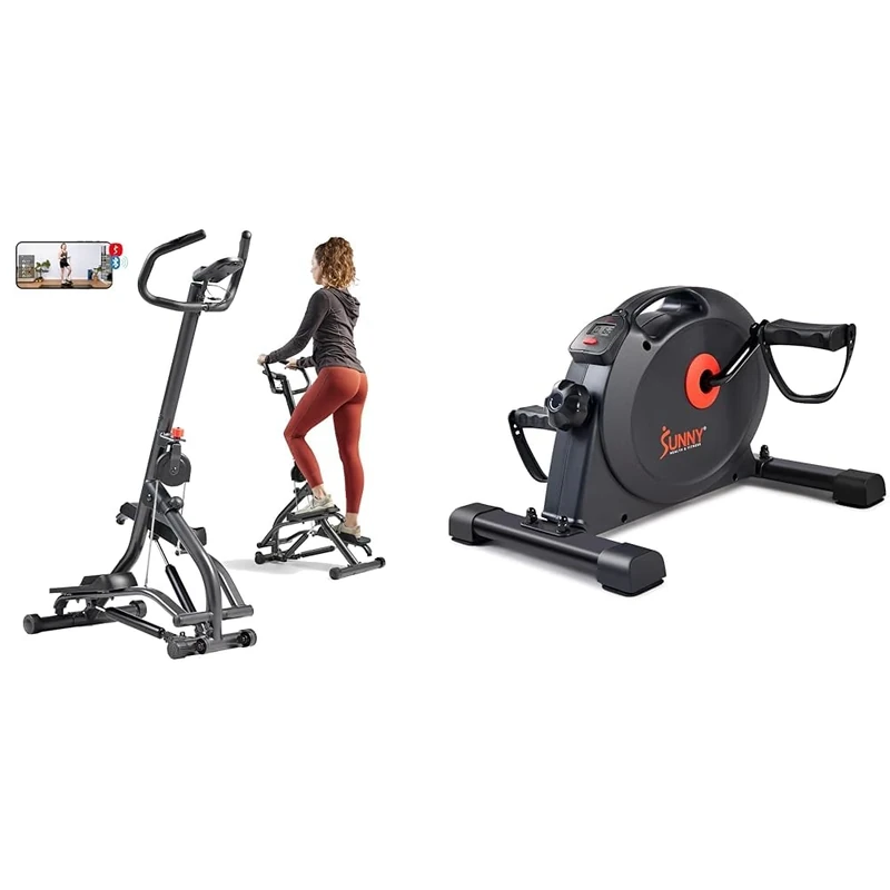 Sunny Health & Fitness Stair Stepper w/Handlebar, Extended Step Range Machine + Under Desk Dual Function Smart Mini Pedal Exerciser Cycle Bikes with SunnyFit App