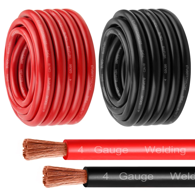 MOOKEERF 4 Gauge Battery Cable - 25FT Red + 25FT Black 4 AWG Welding Cable Flexible Stranded Oxygen-Free Pure Copper Wire for Automotive, Battery, Inverter, Solar, Marine and Generator