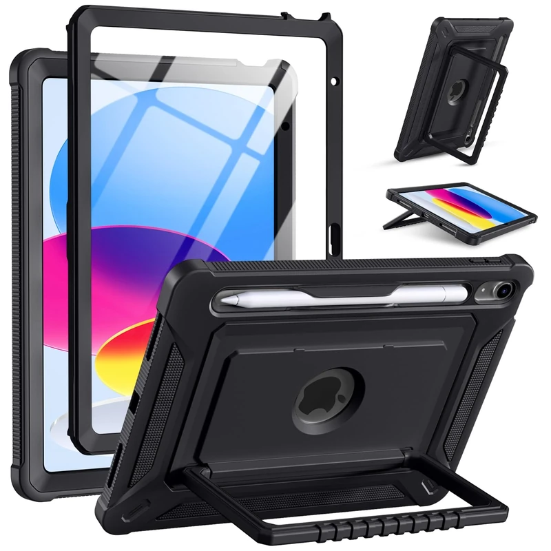 Vobafe Case for iPad (A16) 11th/10th Generation 2025/2022 11 Inch/10.9", Full-Body Shockproof Outdoor Cover with Screen Protector, Rotating Stand, with Pencil Holder, Black